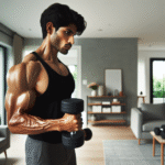 en person som trener med dumbbells hjemme, motivert og fokusert