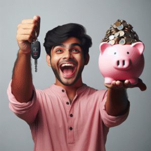 A happy person holding car keys with a piggy bank and coins in the background symbolizing savings on car insurance.