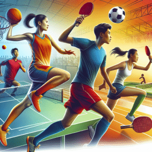 A vibrant and dynamic image of diverse people engaging in various sports and games, with a focus on unity and health.