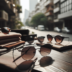 Nærbilde av flere stilige solbriller på et bord, urban bakgrunn, naturlig lys, moderne motefotografi, nøytrale toner