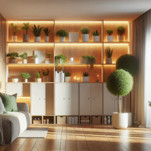 Lys, moderne stue med smart oppbevaring, grønne planter og varm belysning, minimalistisk og trivelig