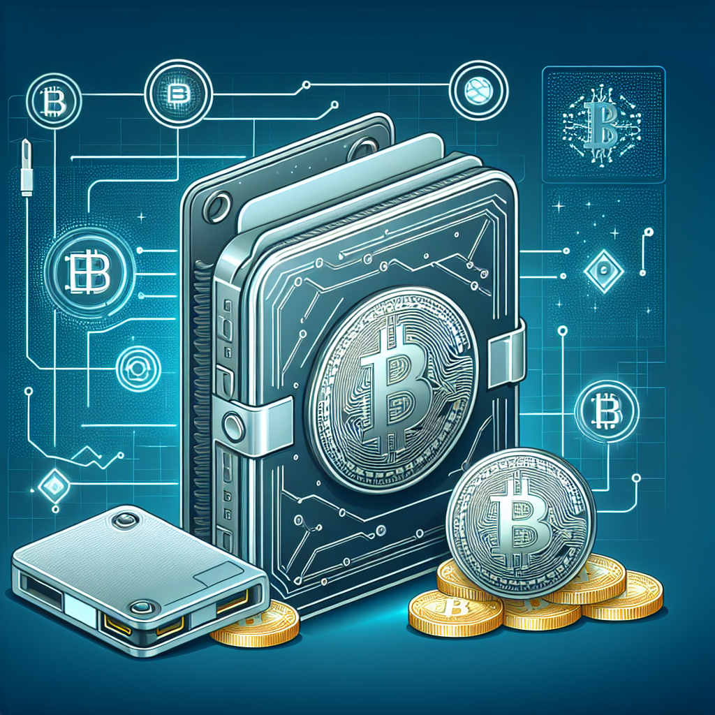 Illustrasjon av moderne kryptovaluta: stilisert blockchain, digitale mynter og en sikker hardware-lommebok i en ren, teknologisk stil