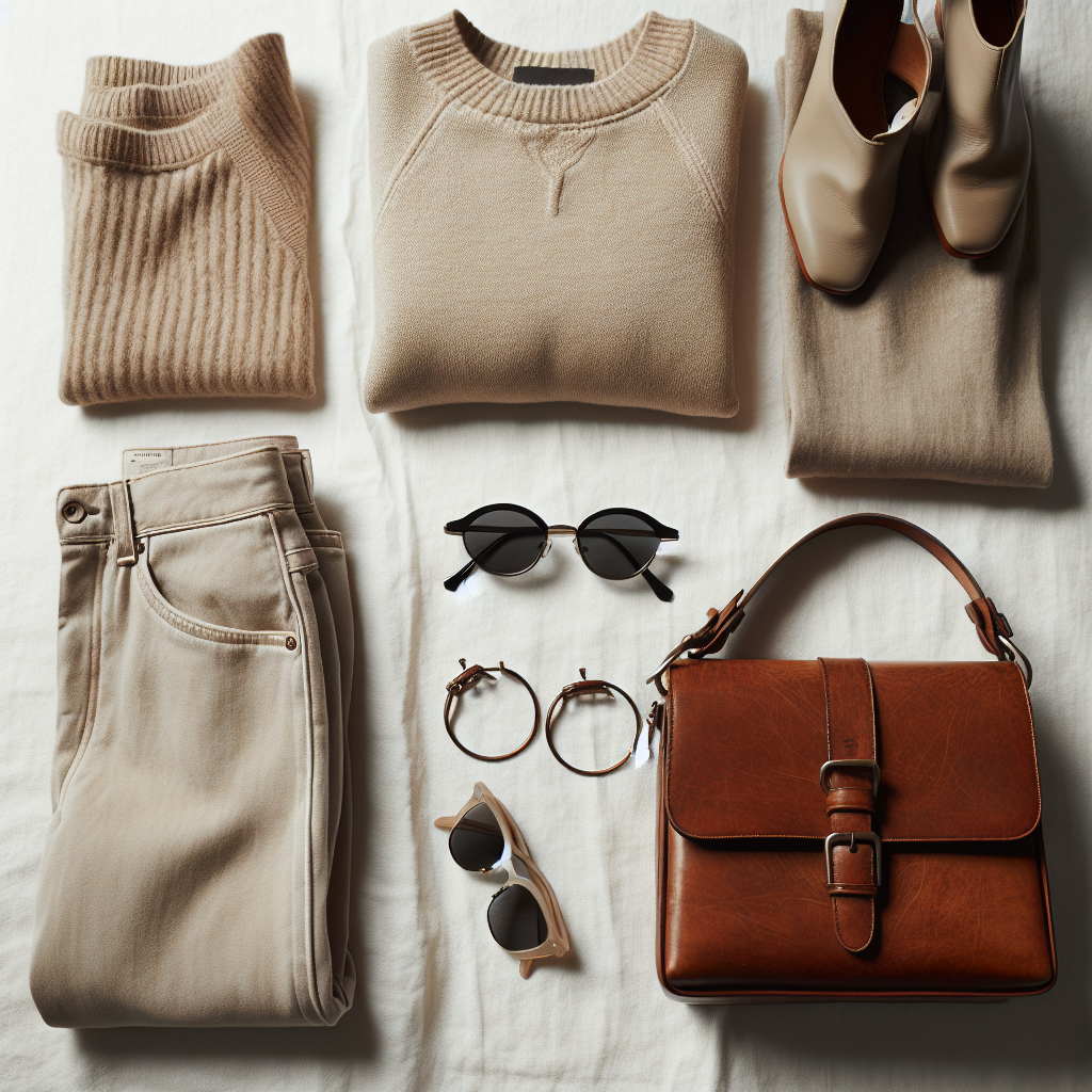 Flatlay av tidløs, bærekraftig mote: nøytrale klær, lærveske, klassiske solbriller og minimalistisk bakgrunn