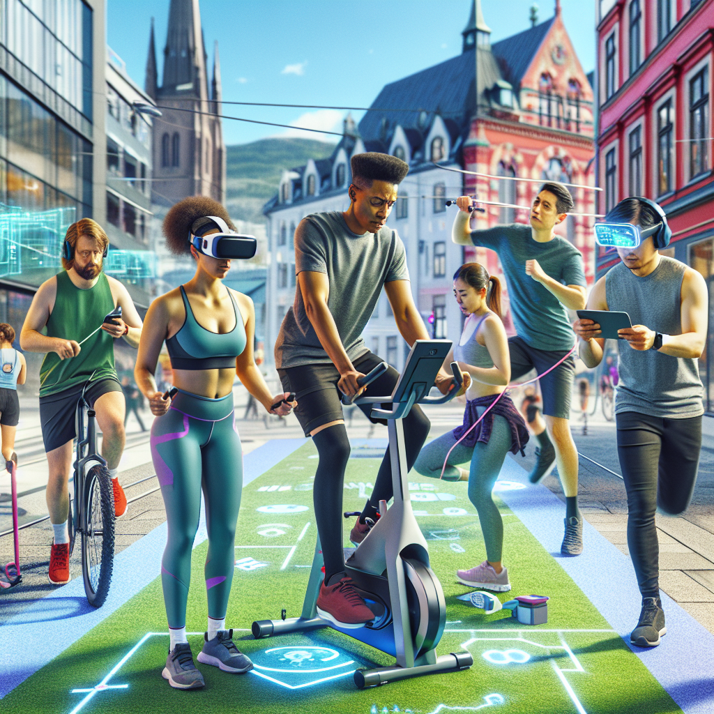Ung gruppe mennesker som kombinerer trening og gaming: uteaktiviteter, digitale skjermer, fargerik og energisk stemning, moderne norsk bymiljø