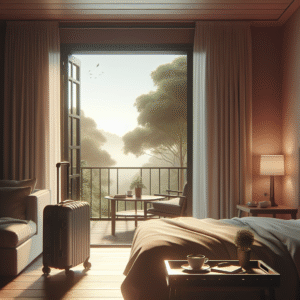 Rolig hotellrom med åpen balkong mot natur, myke farger, koffert i hjørnet og en kopp kaffe på et bord, stemningsfull og innbydende