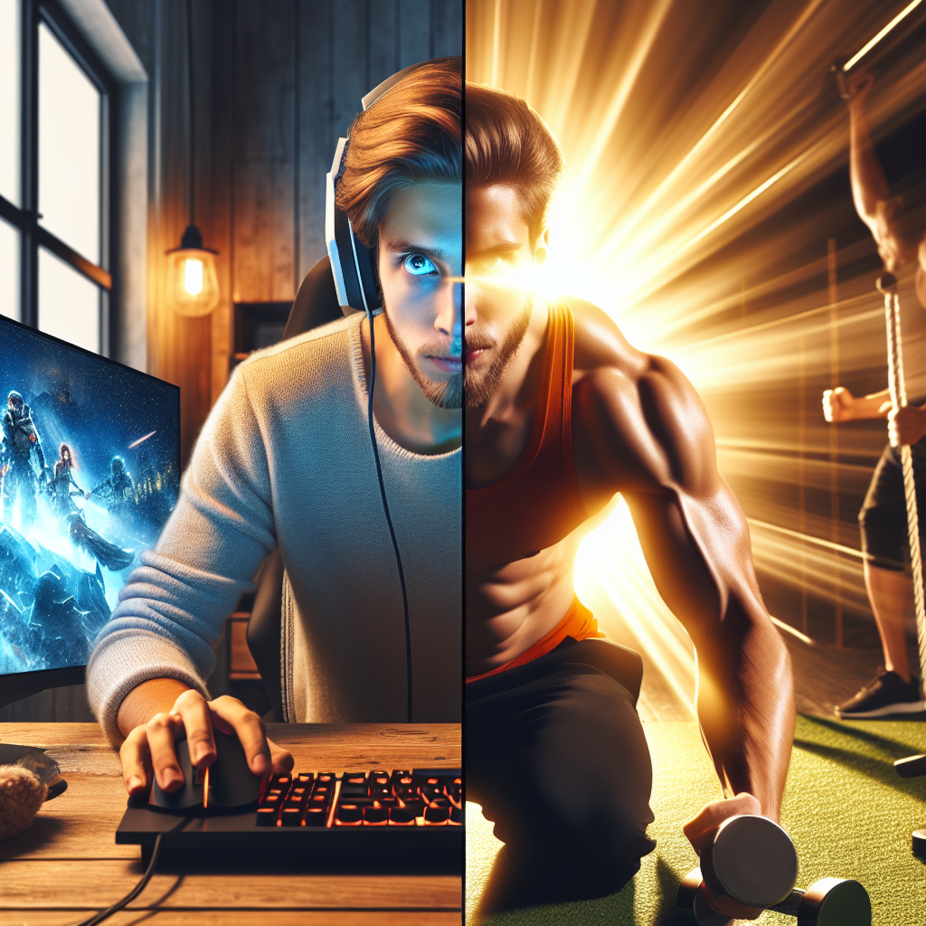Ung voksen delt skjerm med gaming og fysisk trening, energisk, moderne spillestil og sport, norsk stemning, klar lyssetting