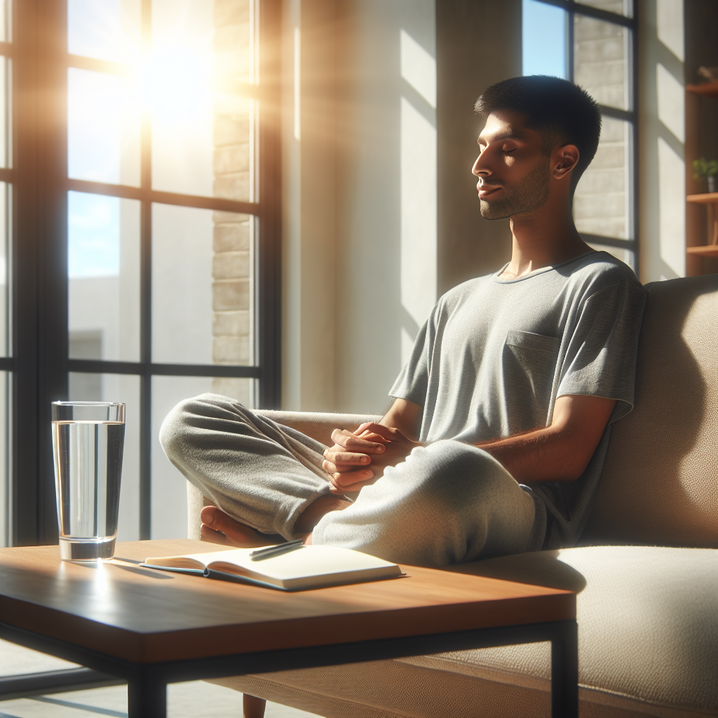 Person som hviler rolig i en lys, moderne stue med et glass vann og en notatbok, symboliserer energigjenvinning og helse