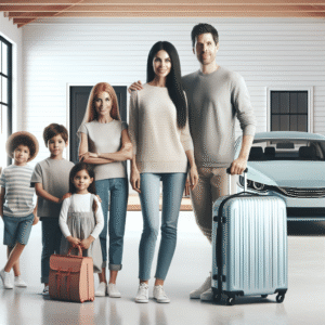 Moderne, rolig foto av en familie i et trygt hjem med reisekoffert og bil i bakgrunnen, symboliserer forsikring og trygghet, nordisk stil