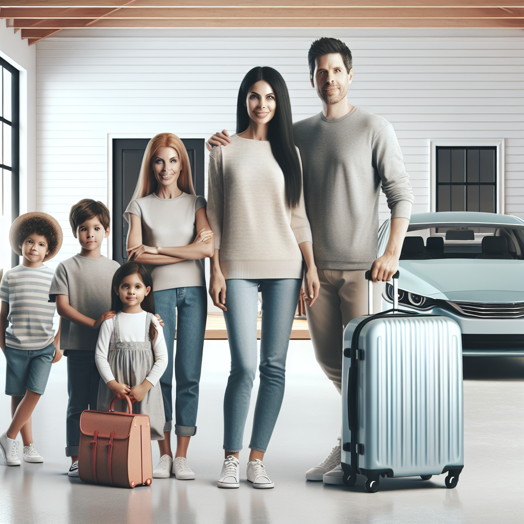 Moderne, rolig foto av en familie i et trygt hjem med reisekoffert og bil i bakgrunnen, symboliserer forsikring og trygghet, nordisk stil